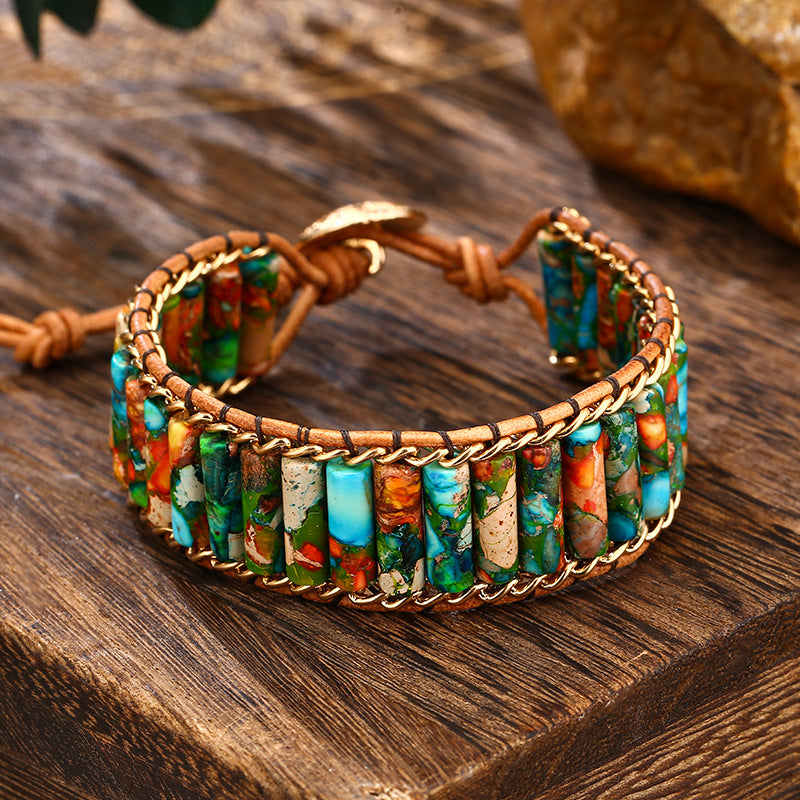 Wholesale Imperial Stone Cow Leather Rope Hand Woven Ethnic Style Leather Bracelet